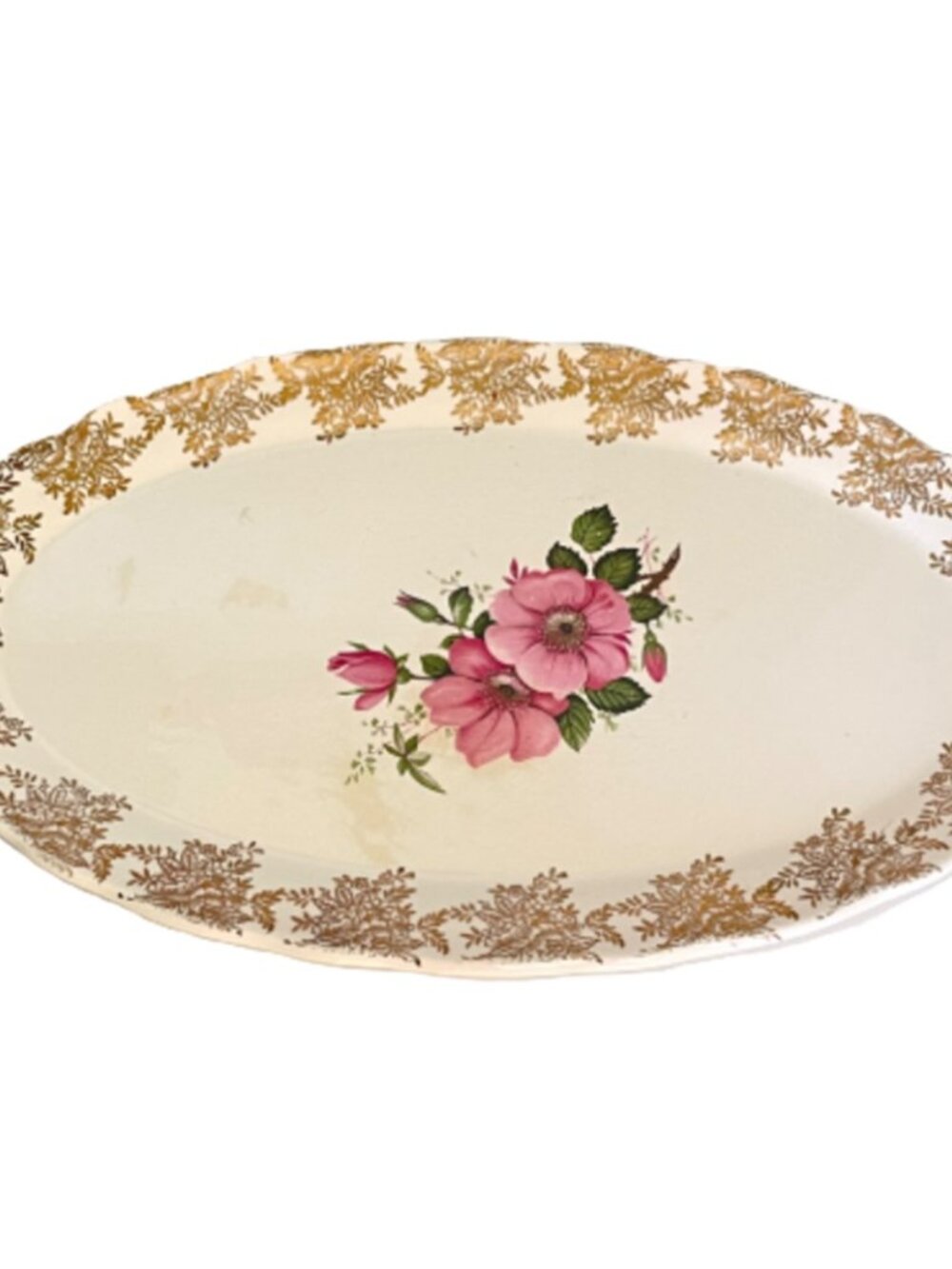Vintage 1954 Lord Nelson Pottery Oval Platter Rose and Gold Chintz Pattern 12.25